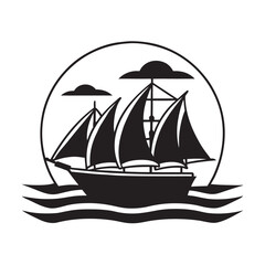 Ship Sailing On Sea With Sunset Silhouette Artwork