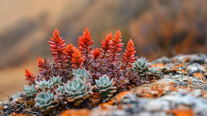 Close-up of vibrant succulent plant flourishing on a rugged rock surface, showcasing a display of nature's beauty. The succulent's colors.