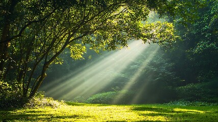 Sunlight streams through the trees, illuminating a tranquil forest scene. The play of light and shadow creates a serene and enchanting atmosphere.