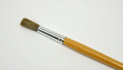 Fototapeta premium A small, detail-oriented painting brush with a light brown wooden handle and a metallic silver ferrule, displayed against a plain white background.