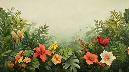 A vibrant display of tropical flora showcasing a variety of flowers and lush green foliage 