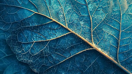 Detailed close-up of a textured blue leaf showing its intricate vein patterns. It showcases the beauty of nature in its purest form