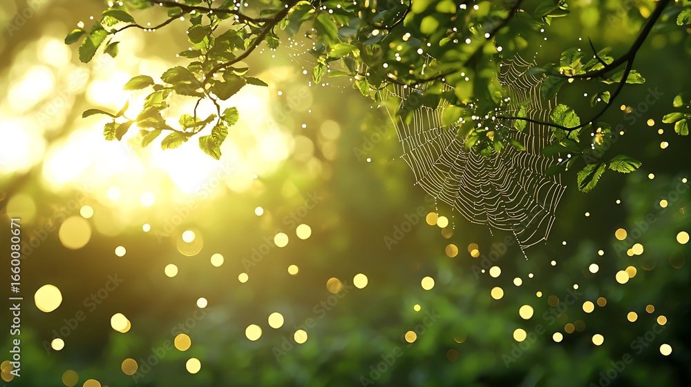 Poster enchanting nature scene with sunlight filtering through leaves, illuminating delicate details. spark
