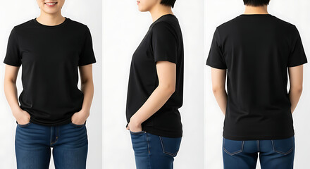 Versatile and comfortable black short-sleeve t-shirt modeled from front, side, and back views, showcasing its timeless and minimalist design perfect for everyday wear and layering.