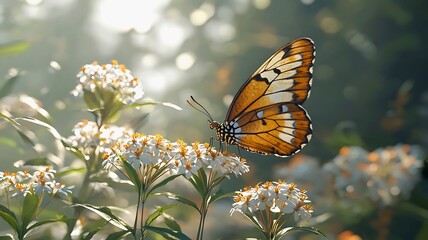 A majestic butterfly delicately perched on a cluster of flowers, bathed in sunlight