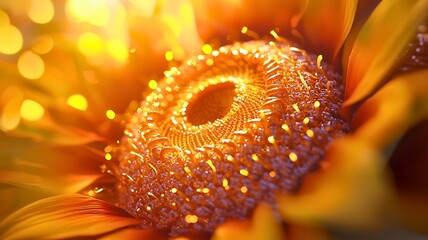 Close-up shot of sunflower blooming in sunlight, displaying a bright yellow color and attracting many bees. The flower is in full bloom, revealing the details of its structure
