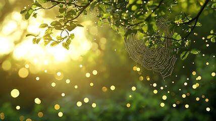 Enchanting nature scene with sunlight filtering through leaves, illuminating delicate details. Sparkling particles add a touch of magic