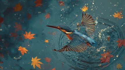 Fototapeta premium Kingfisher Emerging from Water Among Autumn Leaves
