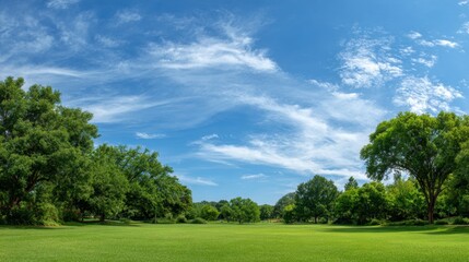 Fototapeta premium The Serene Green Canvas: This landscape painting a vibrant, green, natural grassy field under a dramatic, clear sky, surrounded by mature, leafy trees. Capturing the beauty of a moment.