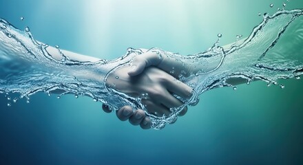 handshake made of flowing liquid against blue gradient background. unity, cooperation, and environmental sustainability. concept of national water quality month. conservation, environmental campaign
