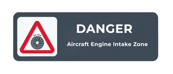 Danger sign warning of aircraft engine intake zone, featuring a triangular turbine icon and bold text