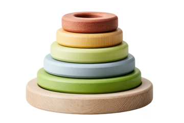 Colorful wooden stacking rings toy arranged in a neat pyramid, showcasing Montessori-inspired design for early learning and motor skill development