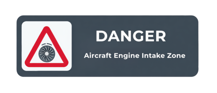 Danger sign warning of aircraft engine intake zone, featuring a triangular turbine icon and bold text