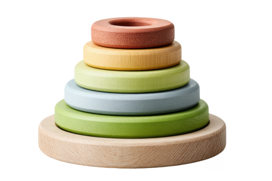 Colorful wooden stacking rings toy arranged in a neat pyramid, showcasing Montessori-inspired design for early learning and motor skill development