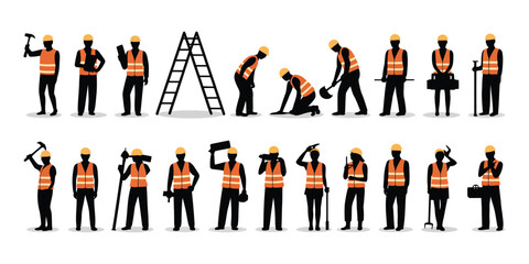 Silhouette illustration of construction workers with tools, safety vests, and hard hats, symbolizing labor roles, safety, and teamwork