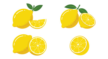 Lemons and lemon slices with green leaves on a white background