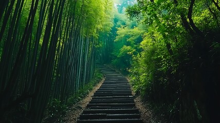 A serene pathway leading through a lush bamboo forest, bathed in sunlight. The scene evokes a sense of tranquility and exploration
