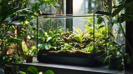 A stunning terrarium showcasing lush greenery and a miniature ecosystem thriving indoors, surrounded by other plants