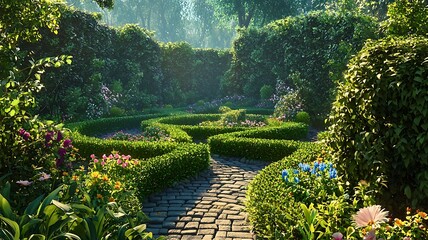 A stunning view of a meticulously manicured garden with winding pathways, lush greenery, and perfectly trimmed hedges. The sunlight softly illuminates the scene.