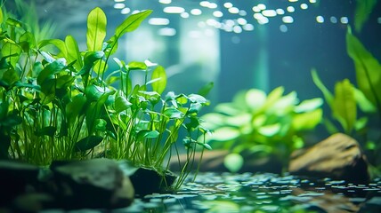 An underwater world showcasing vibrant green plants and serene aquatic plants. This image captures the tranquility of nature.