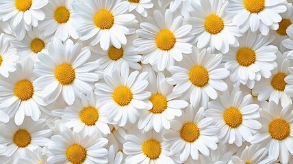 A close-up view of a collection of daisies. The daisies have bright yellow centers and white petals