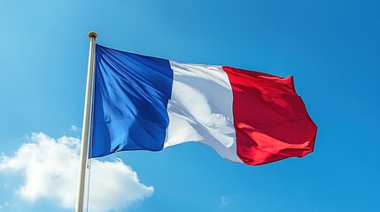 French Flag Waving: Tricolor Flag Against Blue Sky for Culture, Travel & International Themes