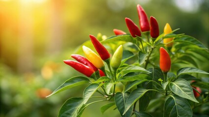 Colorful chili peppers on a plant, showcasing a variety of colors