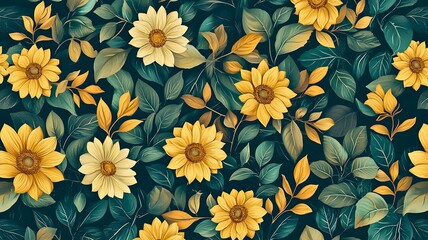 A captivating floral design featuring vibrant sunflowers. This seamless botanical pattern showcases an intricate arrangement of sunny yellow sunflowers, lush green leaves.