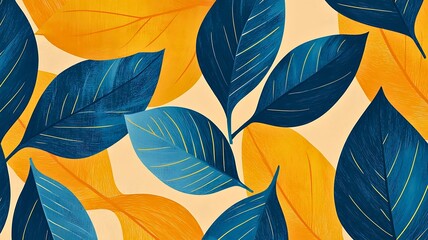 Elegant leaves arranged against a complementary backdrop, a perfect pattern for various applications. The leaves exhibit a blend of vibrant colors, creating a visually appealing aesthetic