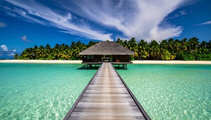 Obraz premium Tranquil overwater bungalow on a pristine tropical beach, bathed in vibrant sunlight and crystal-clear turquoise waters.