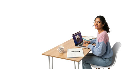 Smiling Woman Working from Home on Laptop