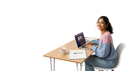 Smiling Woman Working from Home on Laptop