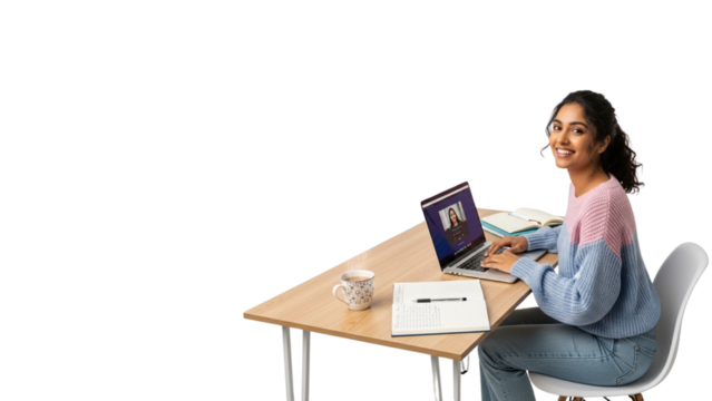 Smiling Woman Working from Home on Laptop