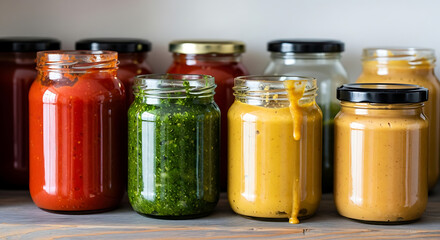 Assortment of homemade sauces and dips in glass jars on a wooden surface shelf