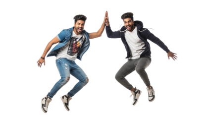 Two Friends Jumping and High Fiving on White
