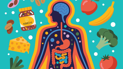 Illustration of human silhouette with digestive organs and healthy foods, symbolizing nutrition, gut health, and the connection to overall wellness