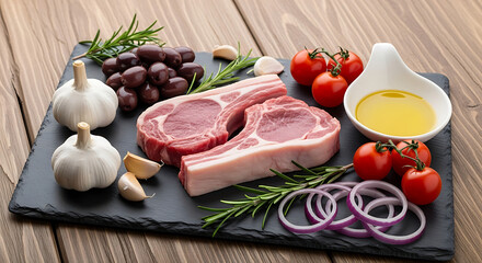 Raw lamb chops with fresh vegetables and herbs on a slate board ready for cooking