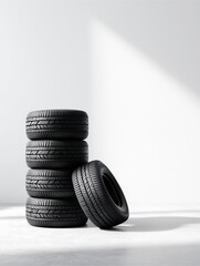 Tire Stacked Arrangement: Four car tires are neatly stacked on a solid surface, a perfect illustration of automotive components, featuring shadows, ready for any transportation related needs.