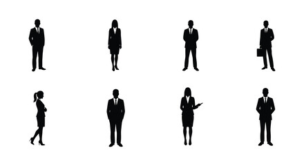 Business people standing in various poses in black silhouette on white background