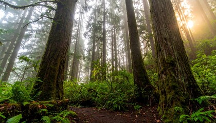 Obraz premium Sunlight streams through the misty canopy of a lush, ancient forest, illuminating towering trees and vibrant undergrowth.