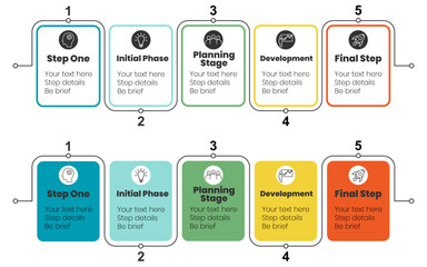 Modern vector infographic with five connected steps in colorful boxes. Ideal for business processes, project planning, and presentations. Infographic timeline template. Business process infographic.
