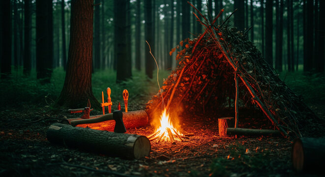  Rugged Bushcraft Campsite at Night with a Lean-To Shelter, a Campfire, and Handcrafted Tools