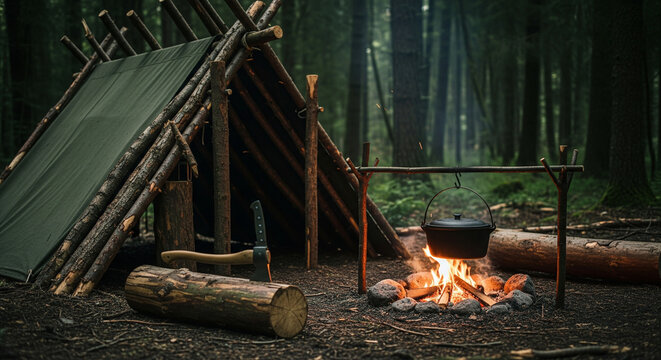  Rugged Bushcraft Campsite at Night with a Lean-To Shelter, a Campfire, and Handcrafted Tools
