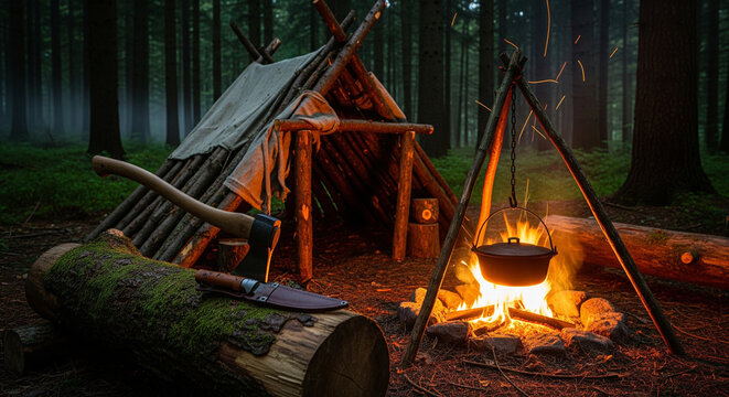  Rugged Bushcraft Campsite at Night with a Lean-To Shelter, a Campfire, and Handcrafted Tools