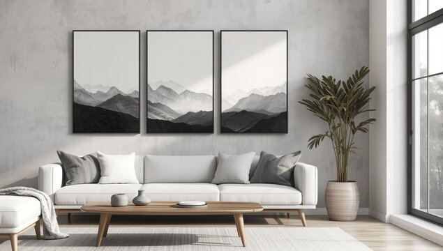 Modern living room featuring a triptych of black and white mountain landscape artwork above a sofa - Powered by Adobe
