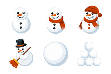 Snowman characters collection, round snow figures with hats scarves buttons, playful winter icons, holiday season vector art, educational clipart set, printable graphics