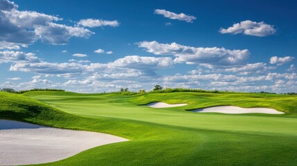 Fototapeta premium Golf Course on Sunny Day: The meticulously manicured green grass of a golf course stretches into the distance under a brilliant blue sky dotted with fluffy clouds, epitomizing tranquility and leisure.