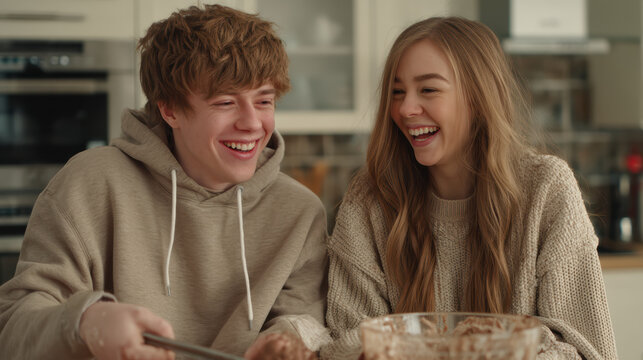 Young couple laughing together while baking in cozy kitchen - Powered by Adobe