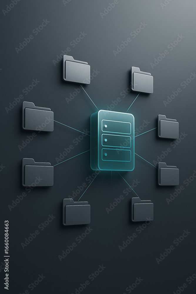 Poster data center network: a 3d rendered illustration showcasing the intricate connections of a central se