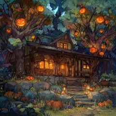 Fototapeta premium Cozy Autumn Cabin with Pumpkin Lanterns and Night Sky Lights